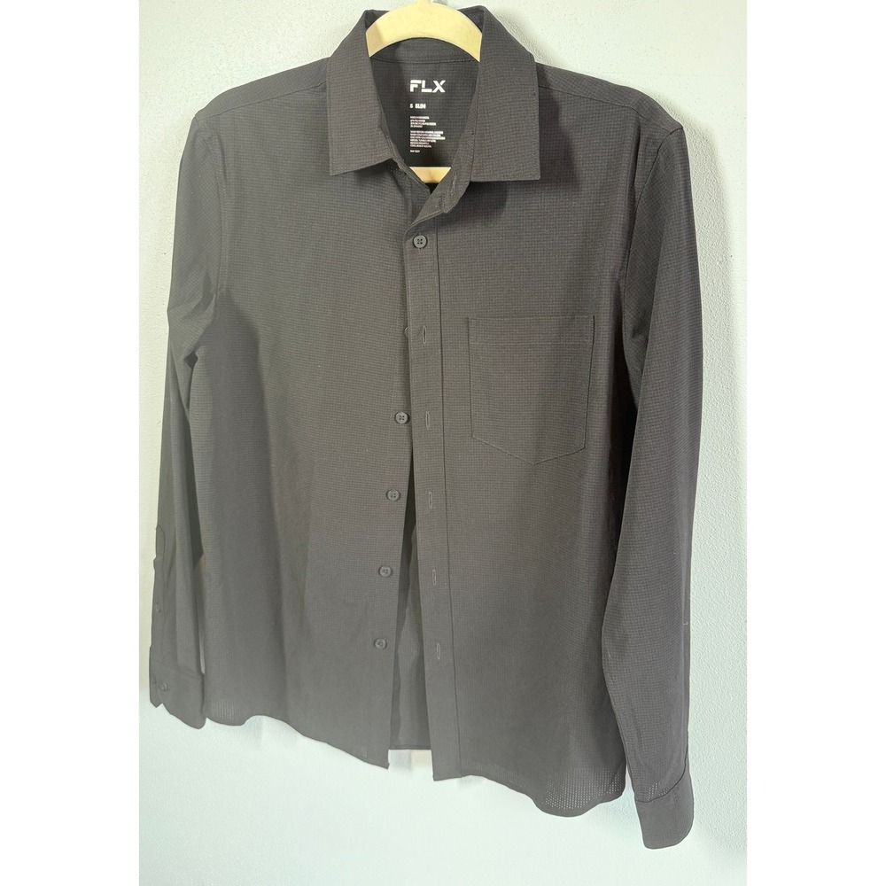 FLX Mens Button Down Shirt Size S Black Slim Fit Long Sleeve Grid Textured